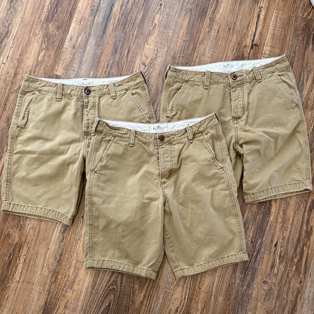 Hollister‎ Chino Shorts Mens 32 khaki Button Fly Cotton 3 prs!